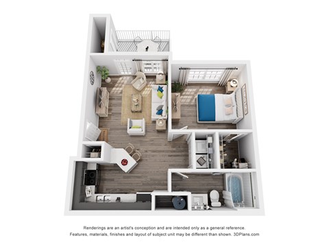 Floor plan for 1 bed, 1 bath, 635 sqft